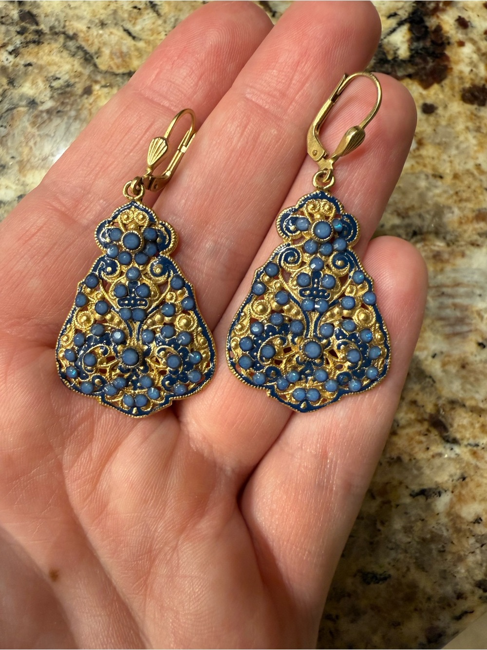 La Vie Gold-Tone Filigree Drop Earrings with Blue Enamel Accents